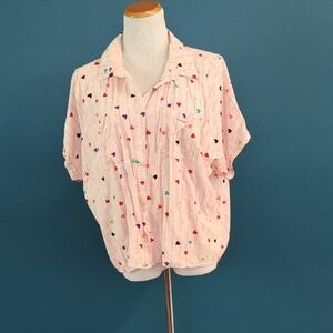 Pink Heart Patterned Button-Up Shirt